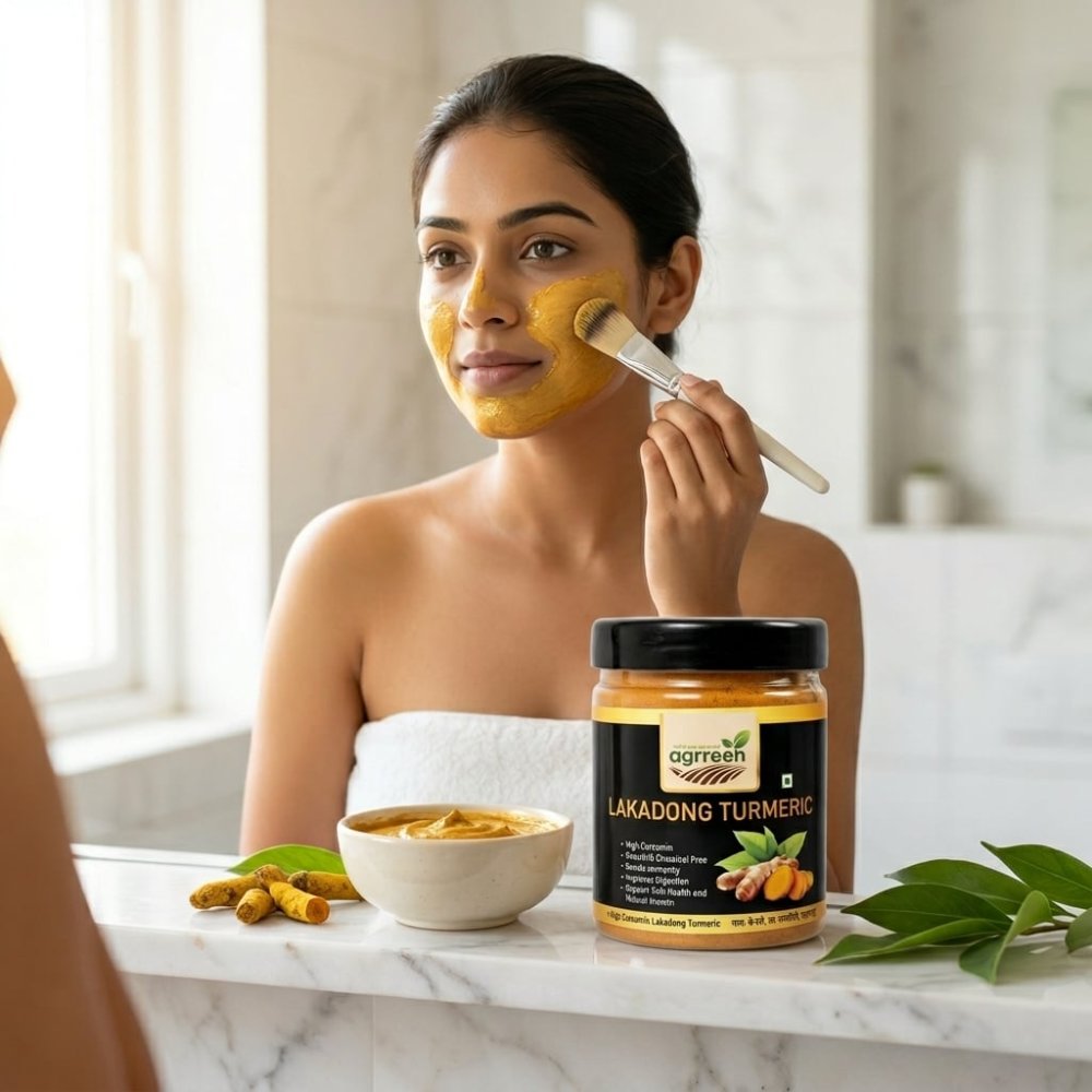 AGRREEN Lakadong Turmeric jar beside a woman applying a turmeric face mask