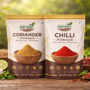 AGRREEN Combo Pack — Guntur Chilli Powder 500g + Junagadh Coriander Powder 500g Origin: Guntur, Andhra Pradesh & Junagadh, Gujarat | Total 1 Kg | FSSAI Approved