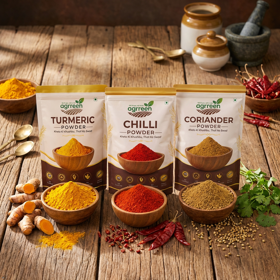 AGRREEN Ultrapack Signature Spice Collection Lakadong Turmeric Powder + Guntur Chilli Powder + Junagadh Coriander Powder | 200g Each | Total 600g of India's Finest.