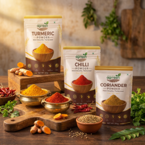 AGRREEN Ultrapack Signature Spice Collection Lakadong Turmeric Powder + Guntur Chilli Powder + Junagadh Coriander Powder | 200g Each | Total 600g of India's Finest.