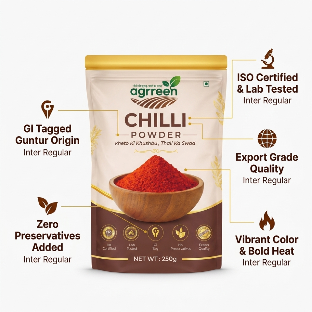AGRREEN Guntur Red Chilli Powder 250g | GI Tag Certified Guntur Mirch | Authentic Andhra Premium Spice