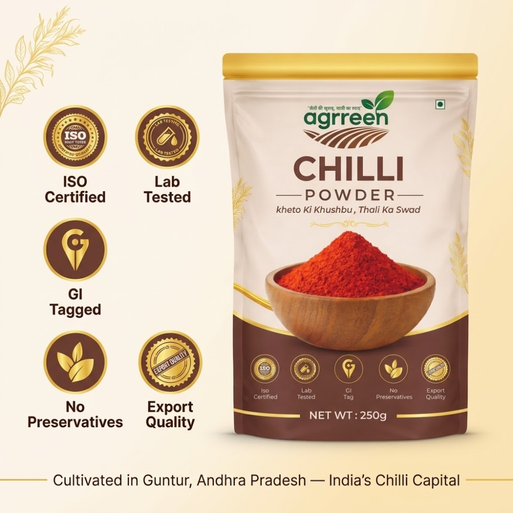 AGRREEN Guntur Red Chilli Powder 250g | GI Tag Certified Guntur Mirch | Authentic Andhra Premium Spice